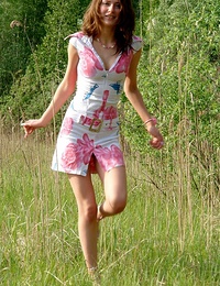 Tall hot teen plays with pink panties outdoors